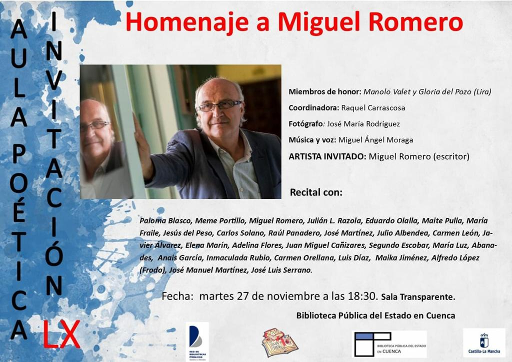 Homenaje a Miguel Romero Saíz en el Aula Poética de Cuenca el 27 de noviembre