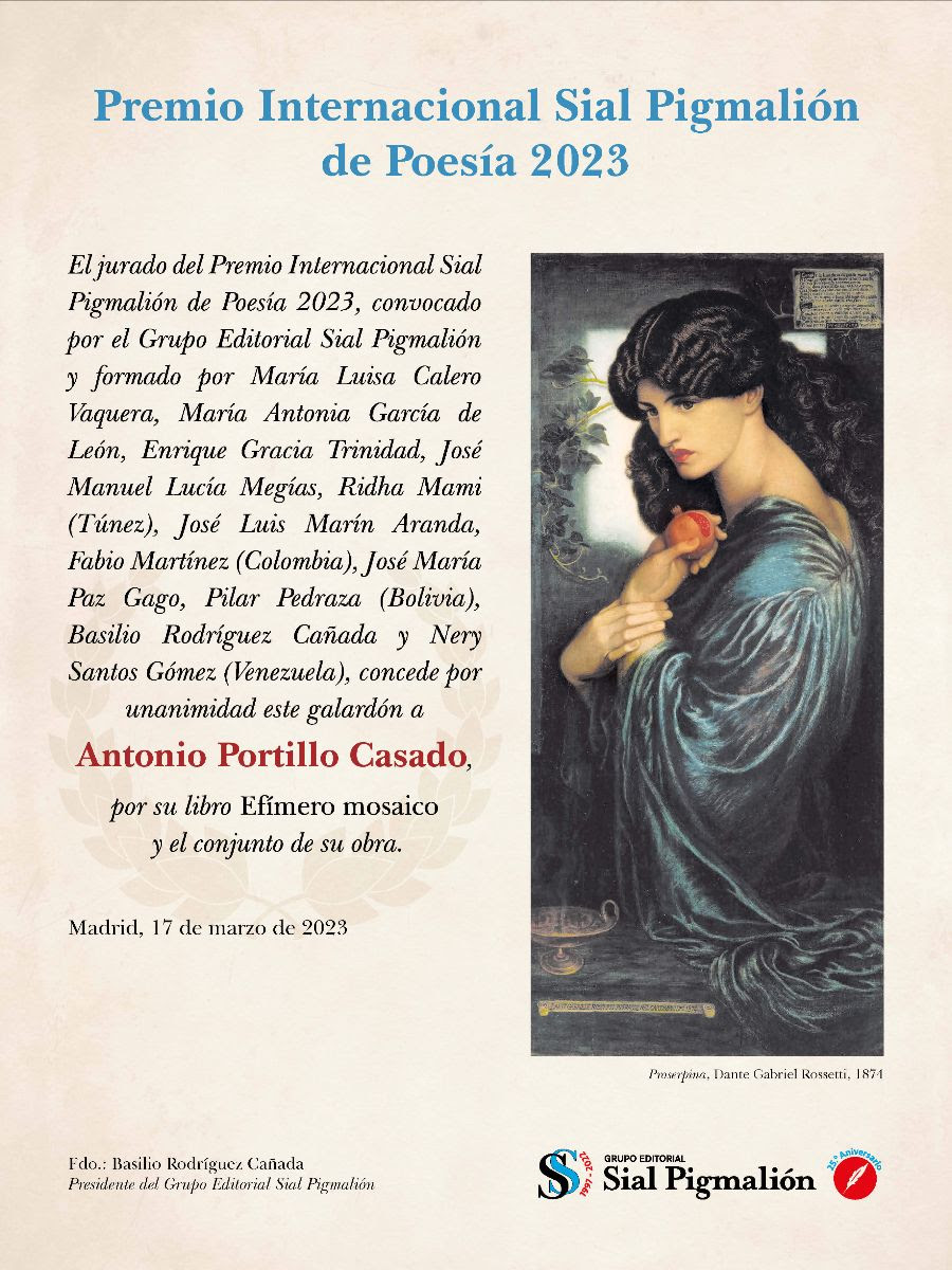 Antonio Portillo Casado, Premio Internacional Sial Pigmalión de Poesía 2023